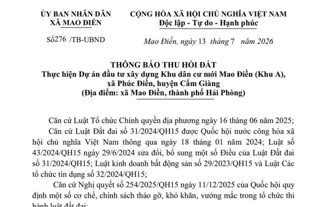 Thu hồi hơn 16,9 ha đất để xây dựng Khu dân cư mới Mao Điền, Hải Phòng
